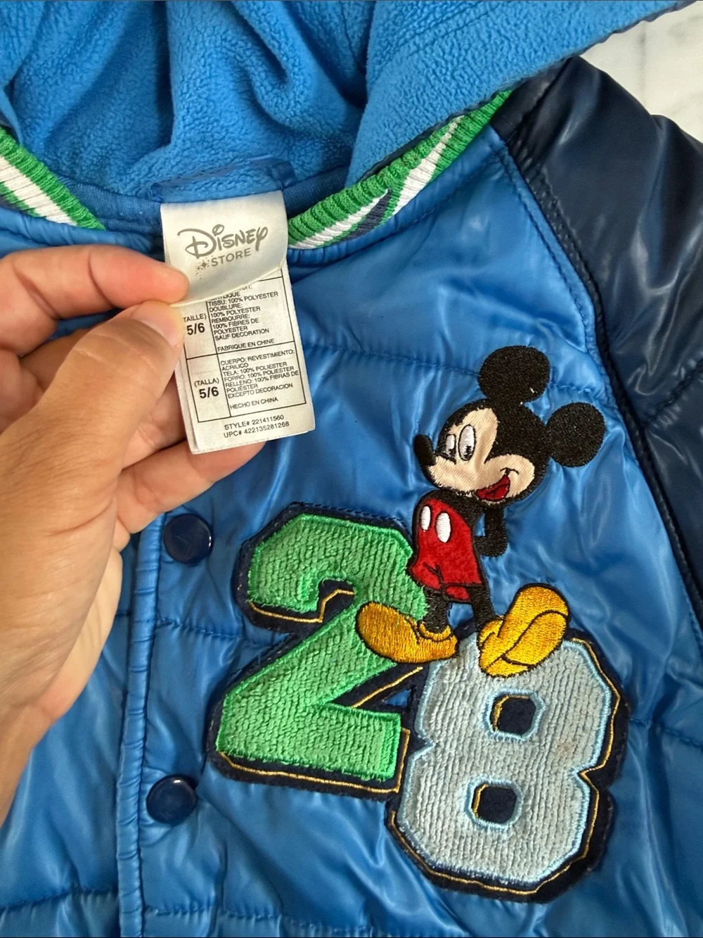 Disney Store Mickey Mouse Varsity Blue Hooded Puffer Jacket Sz 5/6